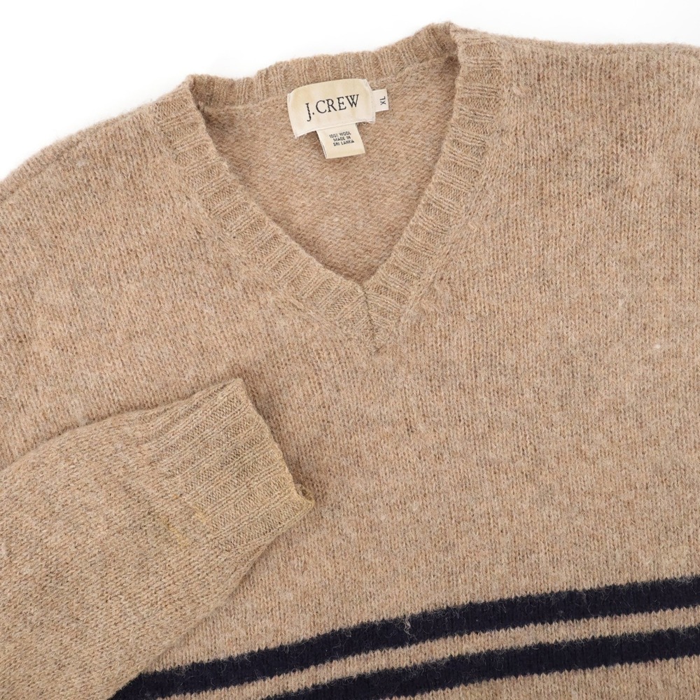 J. Crew Men's XL 100% Wool V-Neck Sweater Tan Striped Preppy Pullover Classic